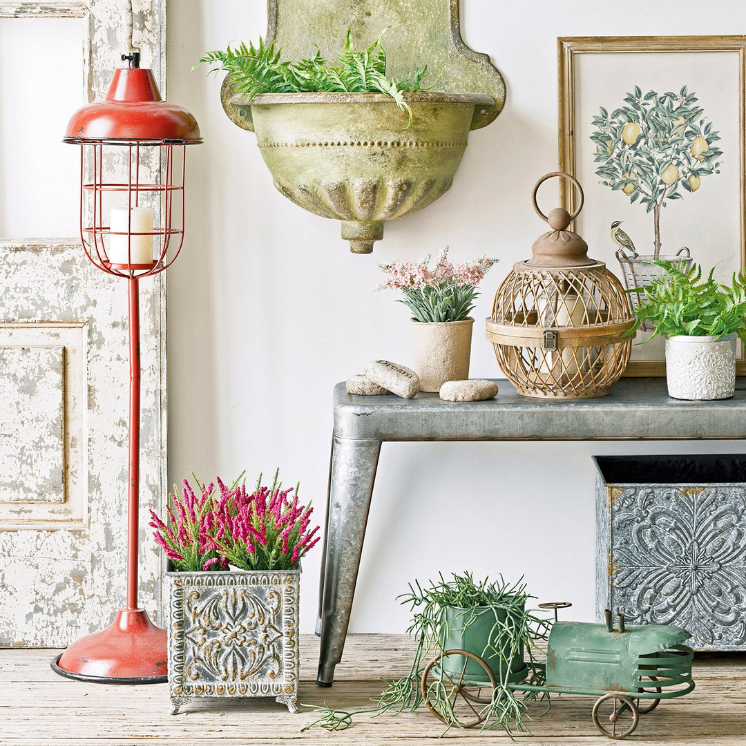 Loft Home Rustic Style Collection - vintage decor with metal table, red lantern, and rustic planters