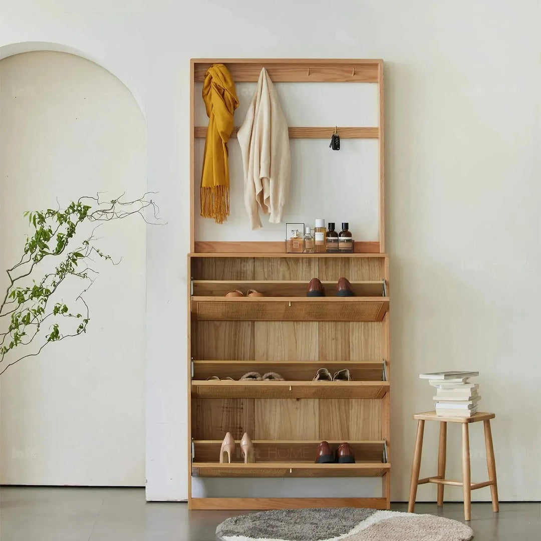 Scandinavian wood shoe cabinet rustic vine detail 4.