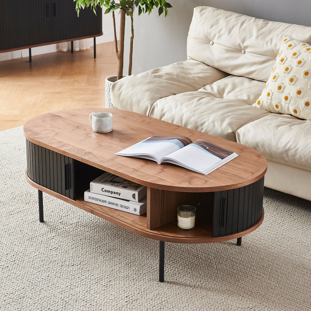Loft Home tambour door table with an oval wood design and sliding doors, ideal for stylish storage and modern living spaces in the Tambour Door Tables collection.