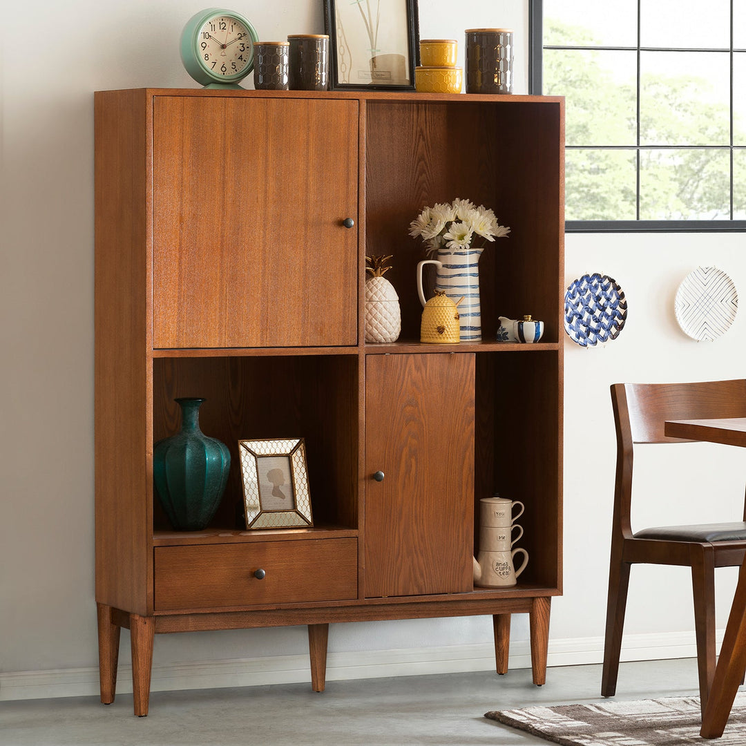 Loft Home modern wood storage cabinet with open and closed shelving, perfect for dining or living room organization and decor display.