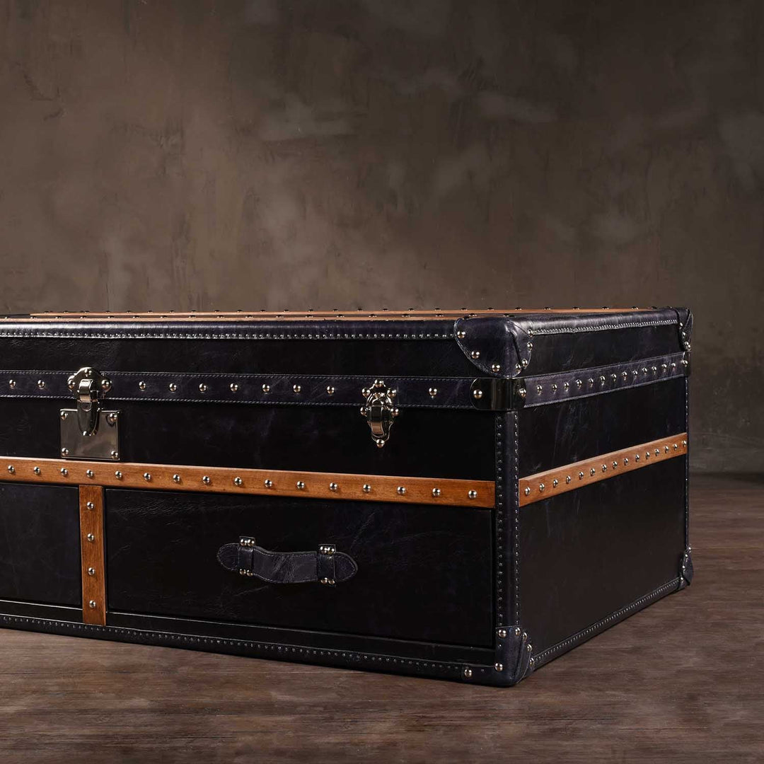 Loft Home genuine leather trunk-style table with rivet details, from Genuine Leather Tables collection, adding a vintage touch to sophisticated interiors.