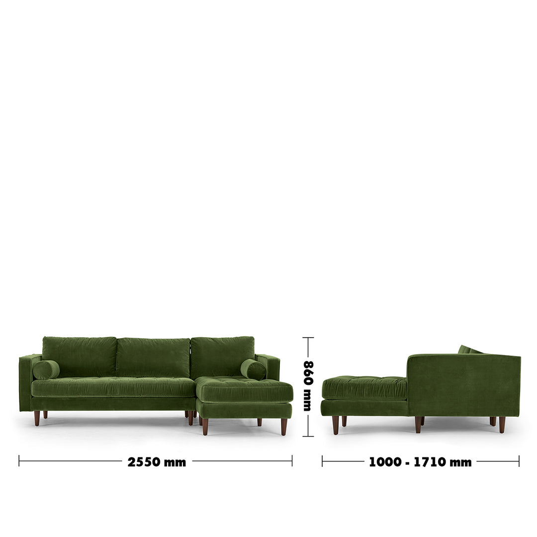 Modern velvet l shape sectional sofa scott 2+l size charts.