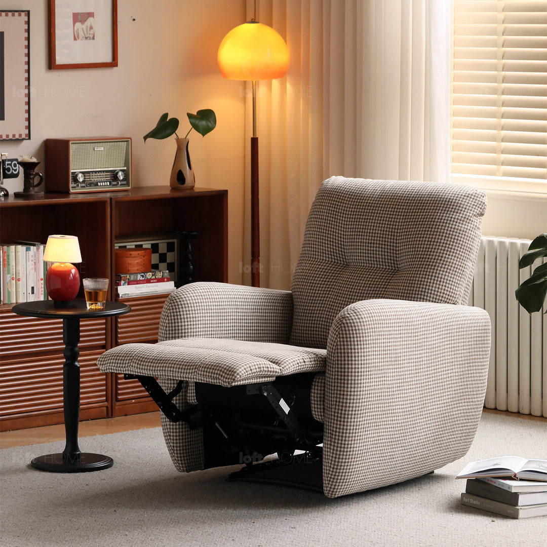 Cream cotton fabric recliner 1 seater sofa liberty in panoramic view.