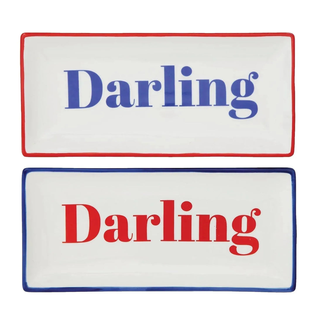 10-3/4"l x 4-3/4"w stoneware plate, 2 colors "darling" decor in white background.