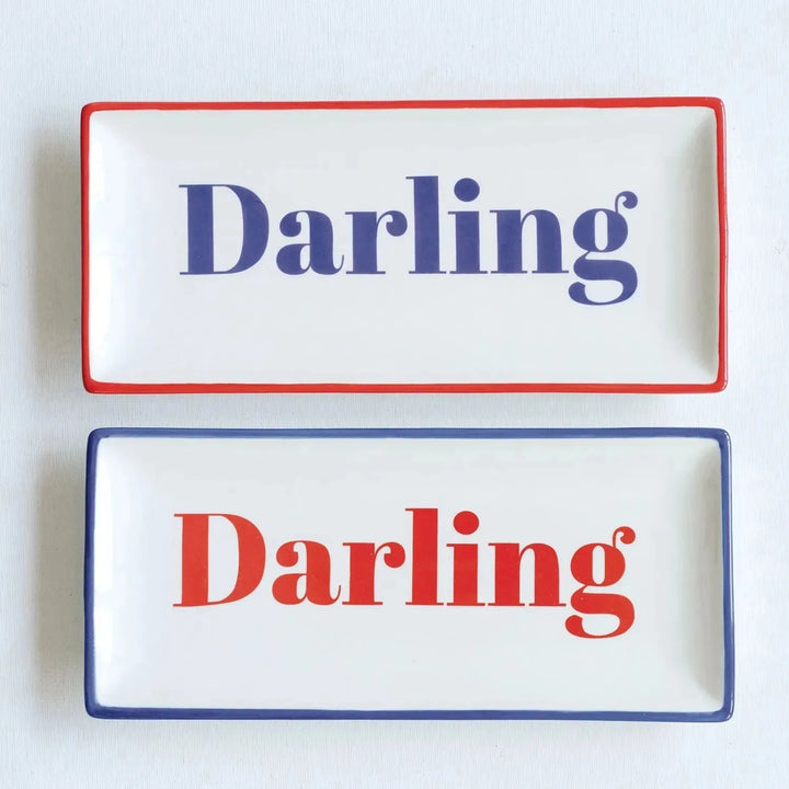 10-3/4"l x 4-3/4"w stoneware plate, 2 colors "darling" decor primary product view.