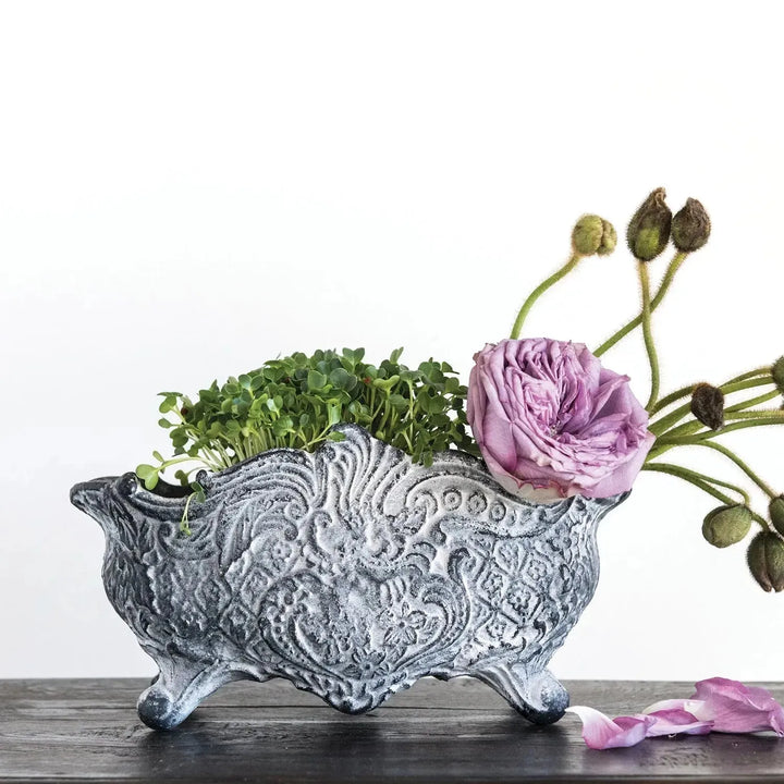 11-3/4"l x 6"w x 6"h vintage reproduction cast iron cachepot, distressed grey, t decor primary product view.