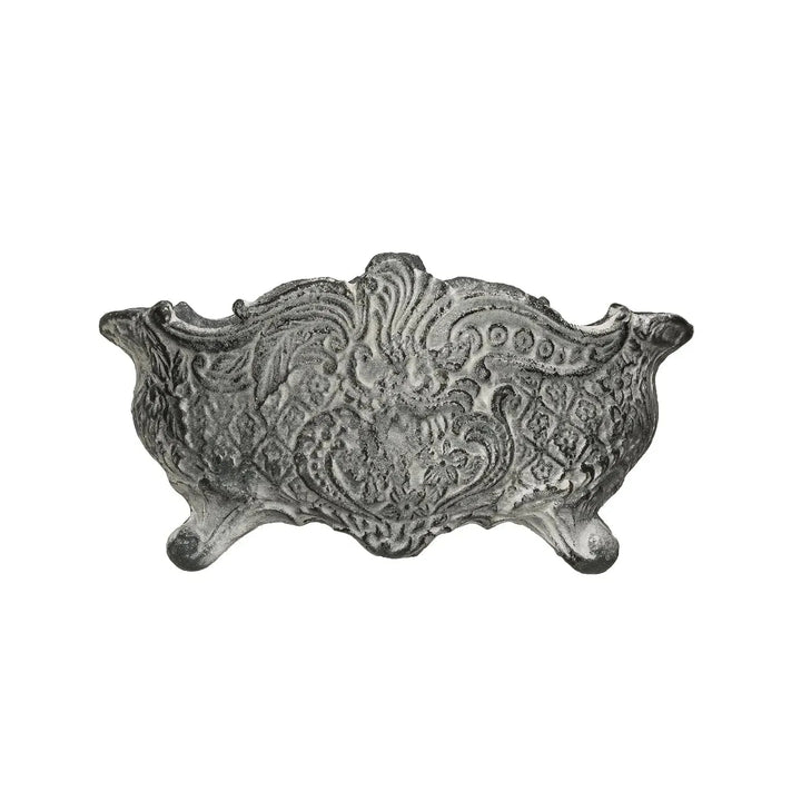 11-3/4"l x 6"w x 6"h vintage reproduction cast iron cachepot, distressed grey, t decor in white background.