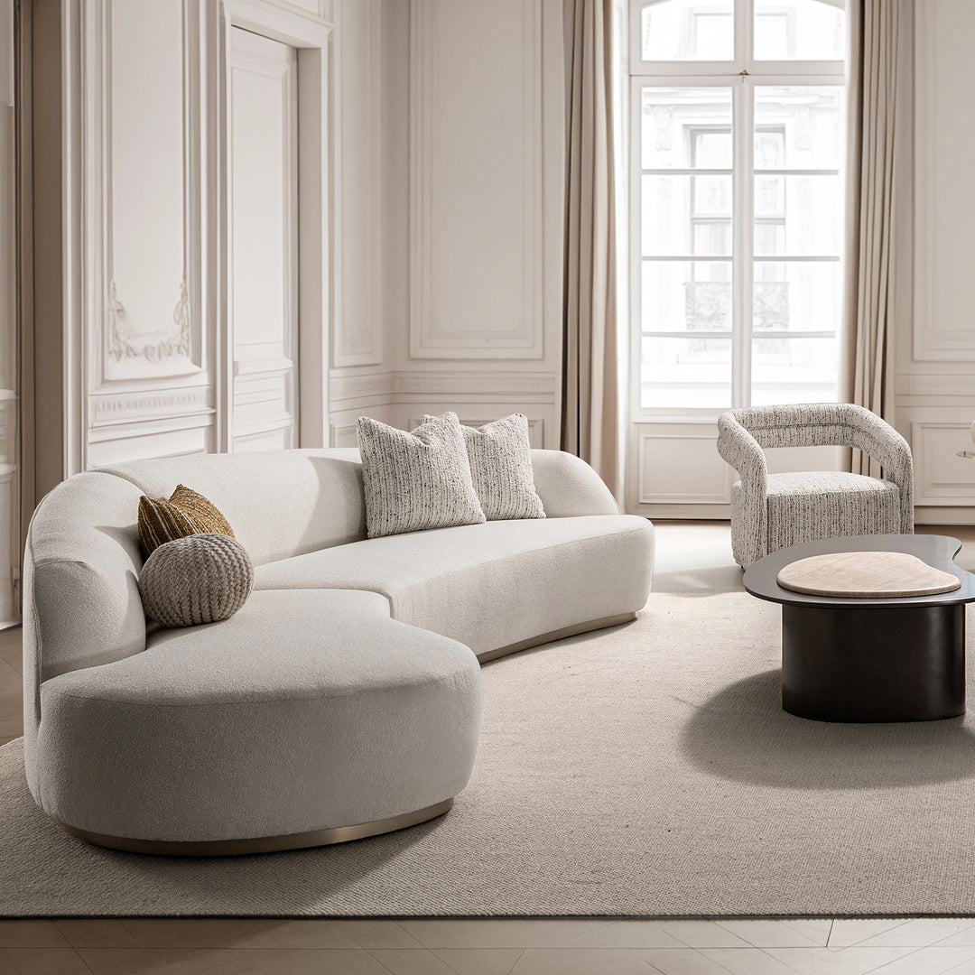 Modern boucle fabric modular chaise 2 seater sofa loomi in panoramic view.