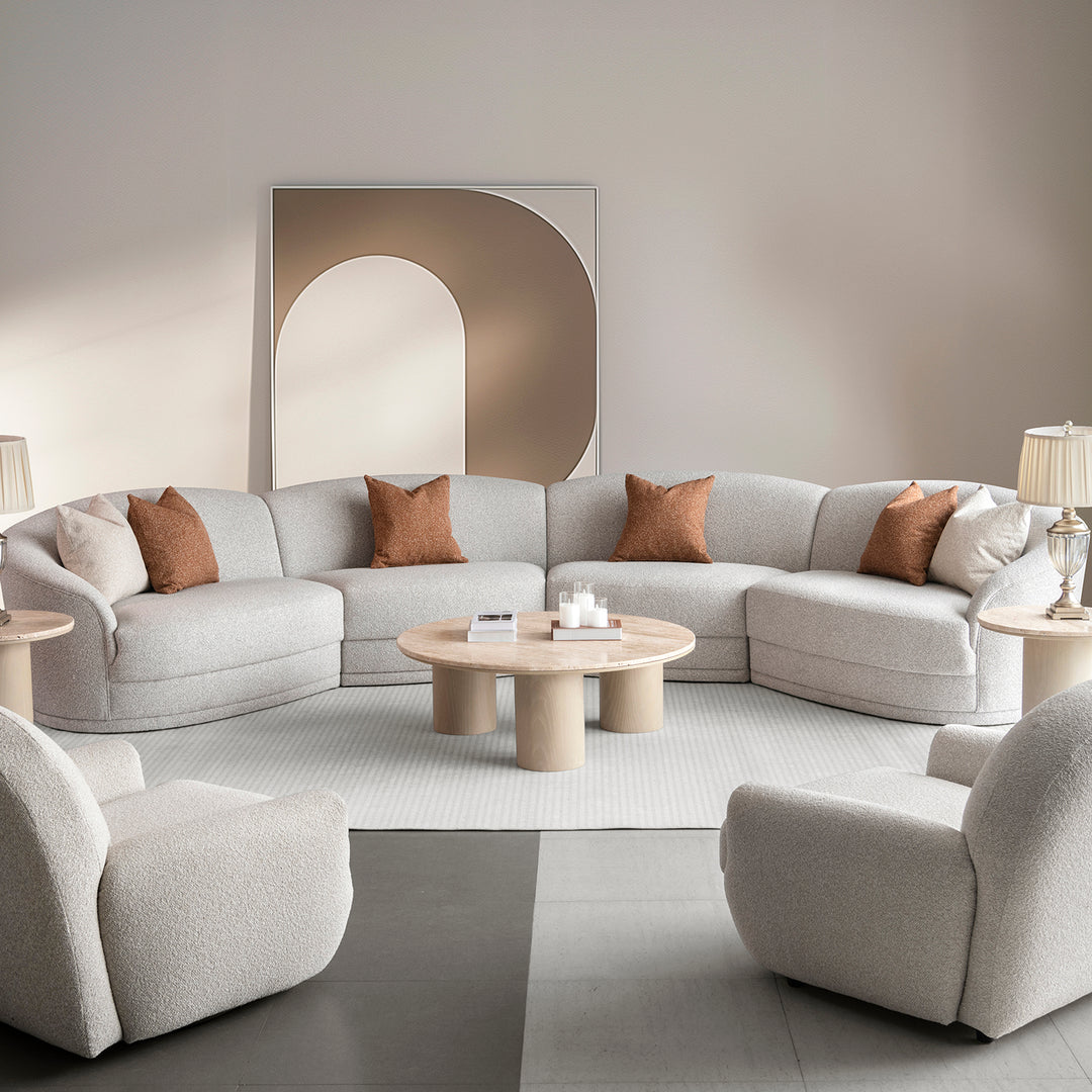 Modern boucle fabric modular sectional 6 seater sofa curva primary product view.