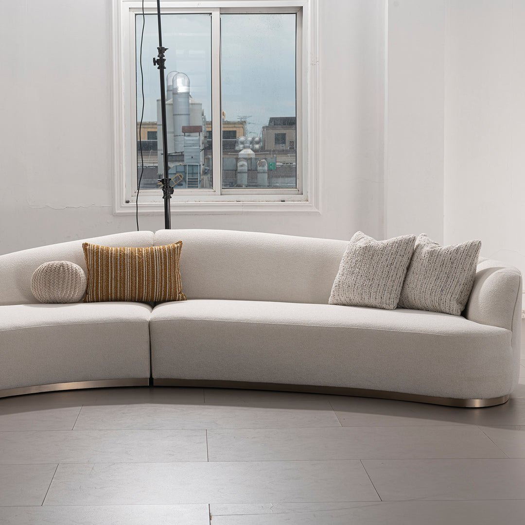 Modern boucle fabric modular chaise 2 seater sofa loomi with context.