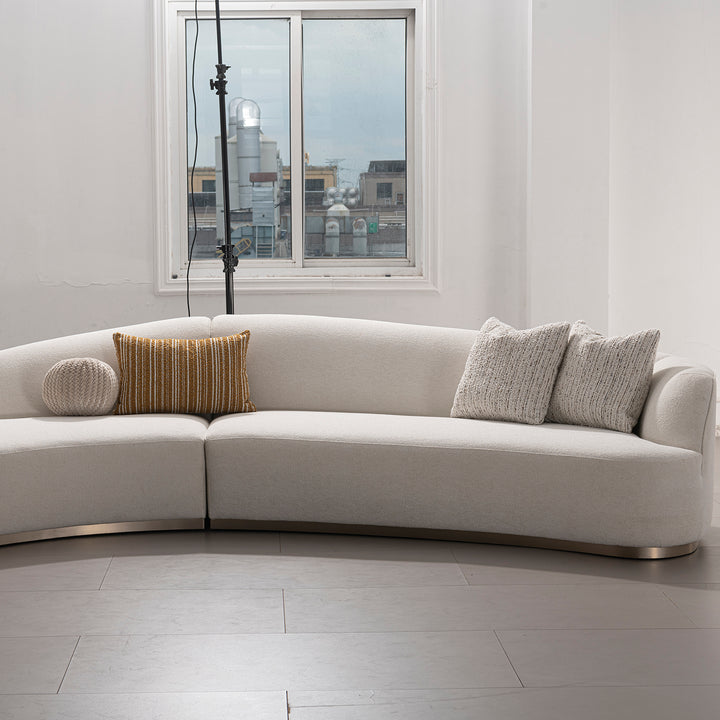 Modern boucle fabric modular chaise 2 seater sofa loomi with context.