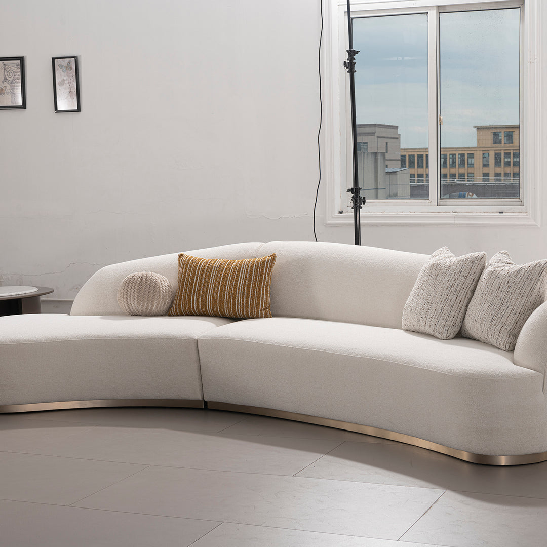 Modern boucle fabric modular chaise 2 seater sofa loomi in details.