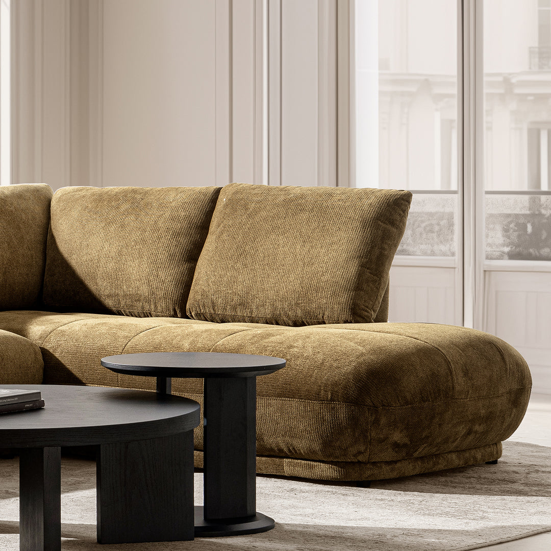 Cream cotton fabric modular corner 2 seater sofa mossy in details.