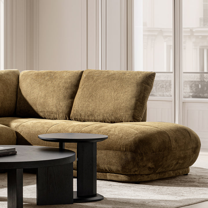 Cream cotton fabric modular corner 2 seater sofa mossy in details.
