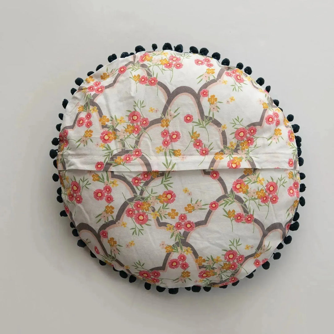 16" round cotton pillow w/ embroidery, printed back & pom pom trim, multi color size charts.