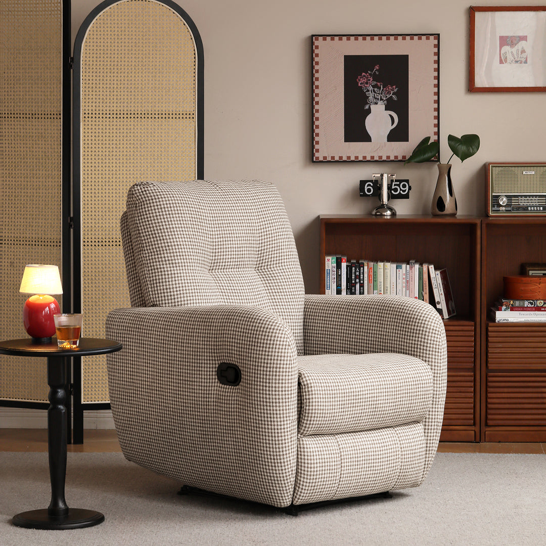 Cream cotton fabric recliner 1 seater sofa liberty in close up details.