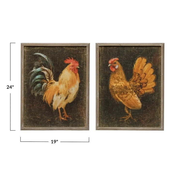 19"w x 24"h wood framed wall decor w/ chicken, distressed finish, 2 styles size charts.