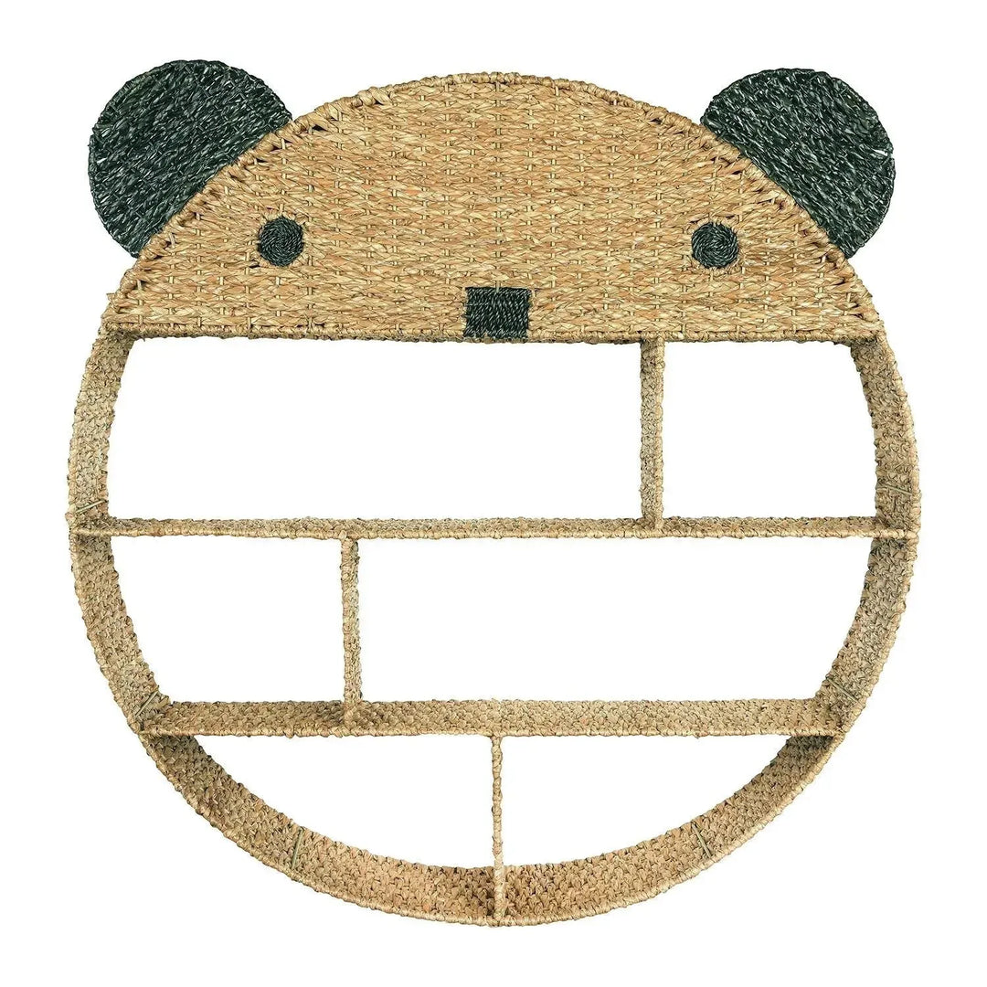 38-1/2" round x 6-1/2"d hand-woven bankuan bear wall shelf w/ 6 compartments, na with context.