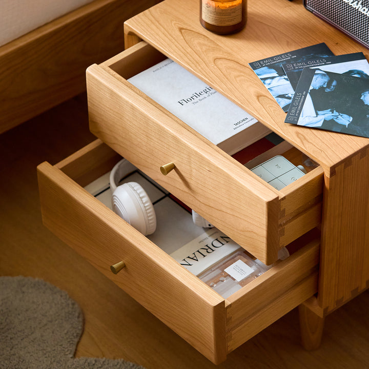 Scandinavian cherry wood side table green color swatches.