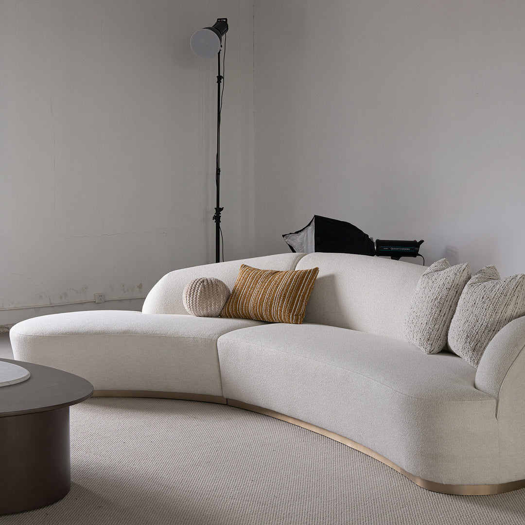Modern boucle fabric modular l shape sectional sofa 3+l loomi in close up details.