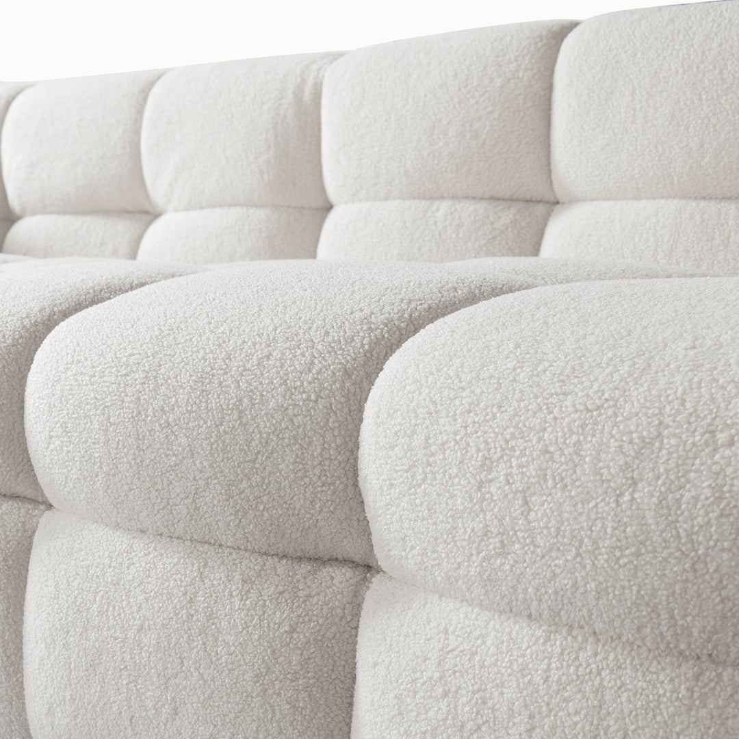 Cream boucle fabric 2 seater sofa boba in panoramic view.