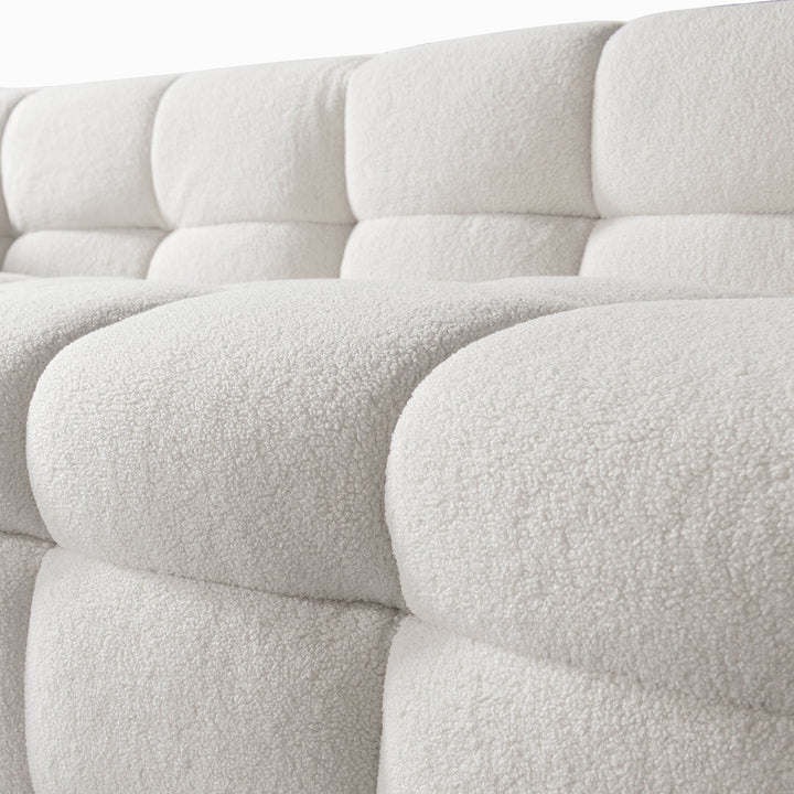 Cream boucle fabric 2 seater sofa boba in panoramic view.
