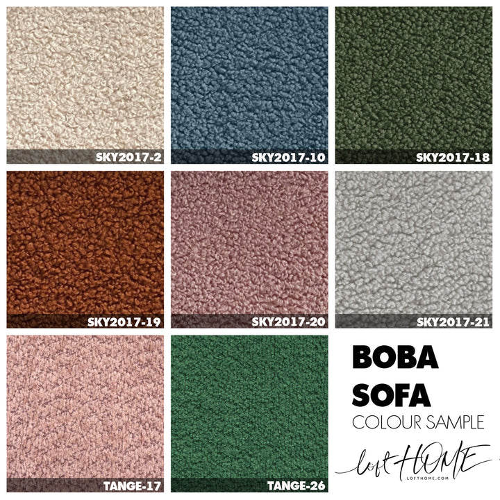 Cream boucle fabric 2 seater sofa boba material variants.