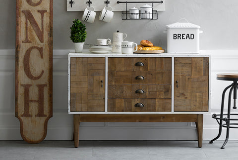 Rustic kitchen cabinet with a mix of wood and metal finishes, featuring vintage decor and storage solutions, linking to Loft Home's cabinet collection.
