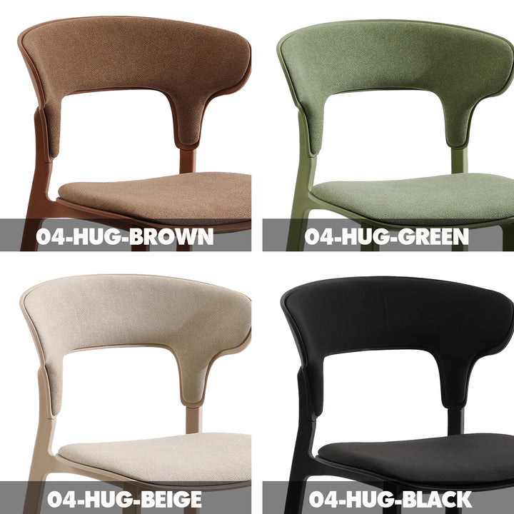 Contemporary fabric plastic dining chair hug color swatches.