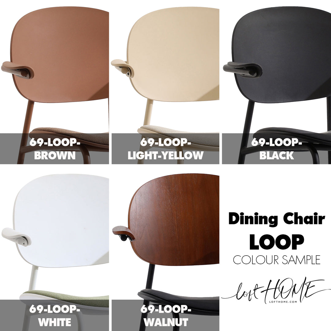 Contemporary fabric plastic dining chair loop color swatches.