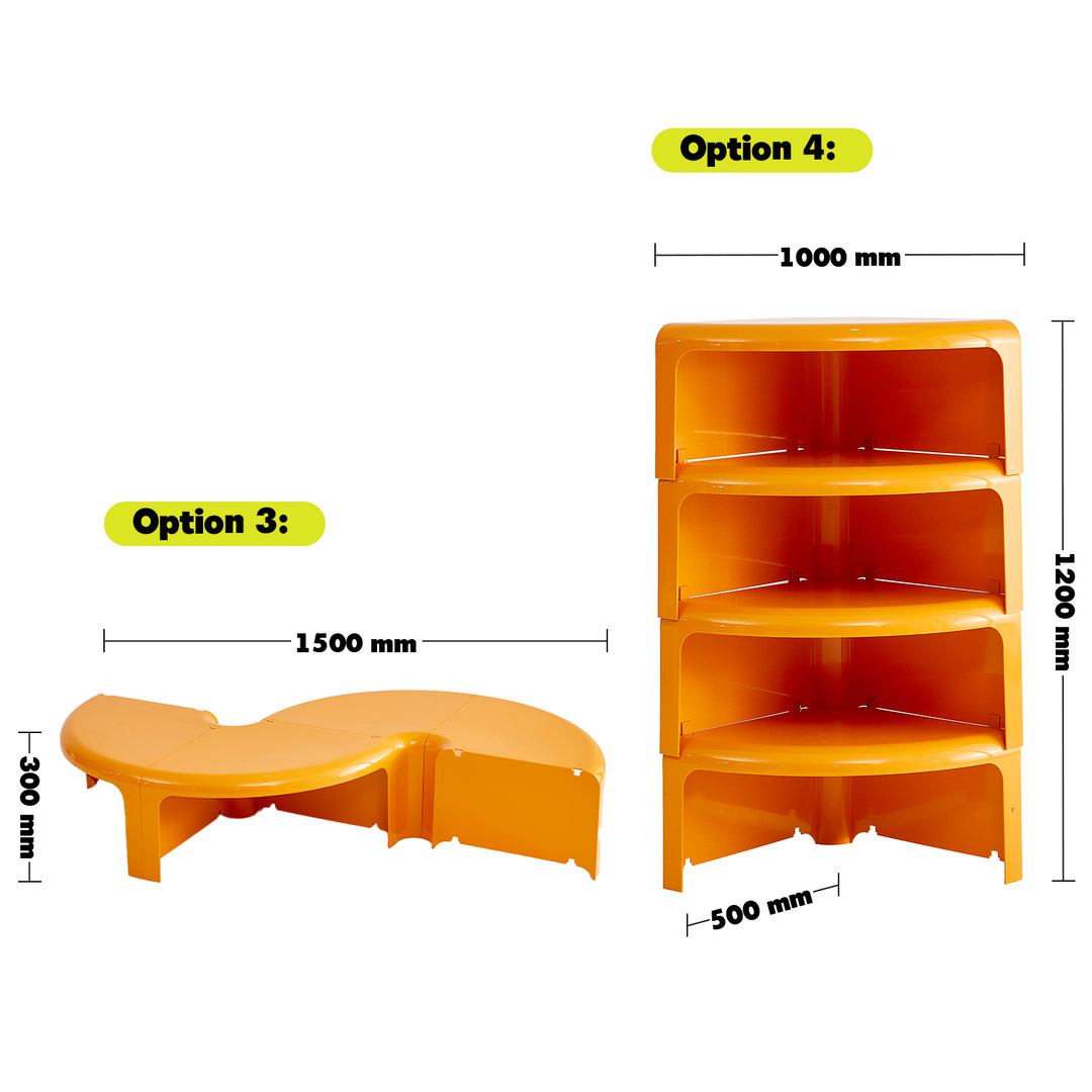 Yellow corner shelf with dimensions labeled on a white background