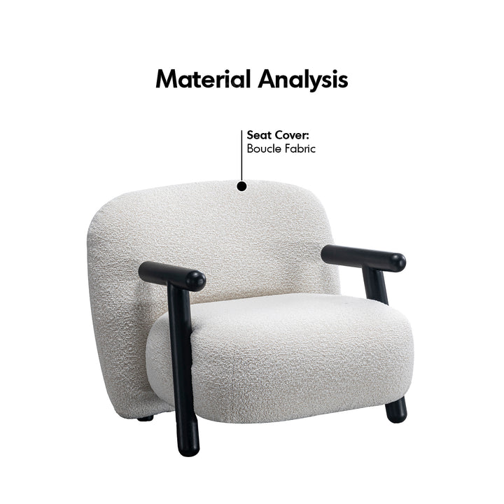 Cream boucle fabric 1 seater sofa with armrest malt in details.
