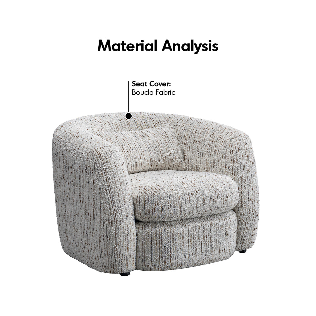 Cream boucle fabric 1 seater sofa tofu in details.
