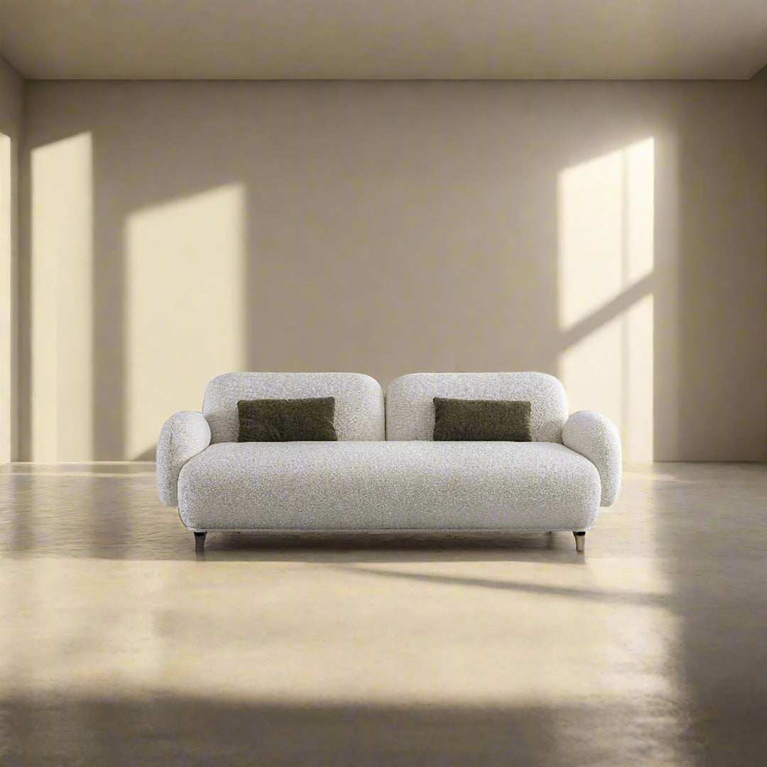 Cream boucle fabric 3 seater sofa pluum material variants.