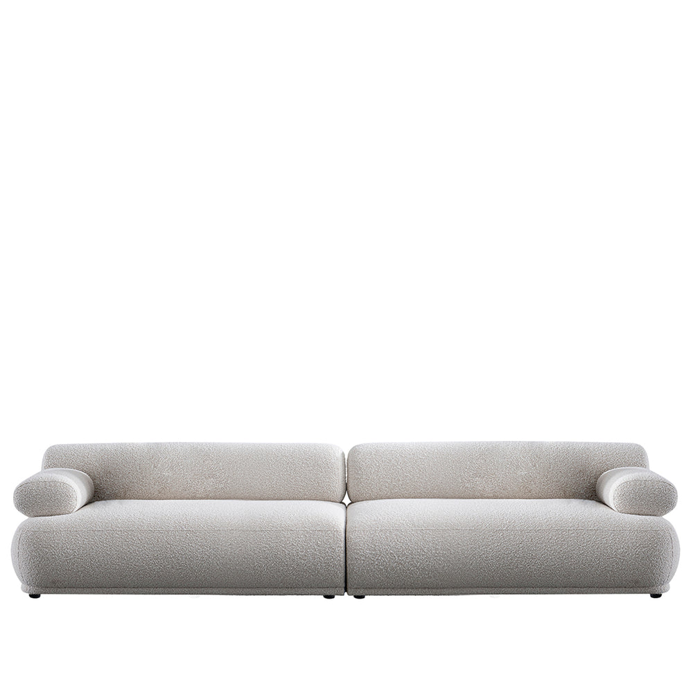 Cream boucle fabric 4 seater sofa mochi in white background.