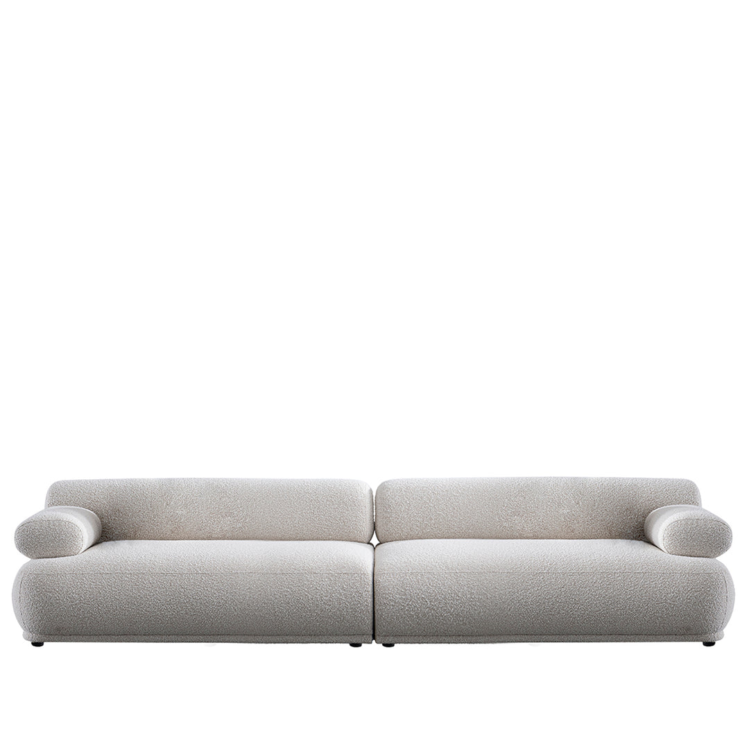 Cream boucle fabric 4 seater sofa mochi in white background.