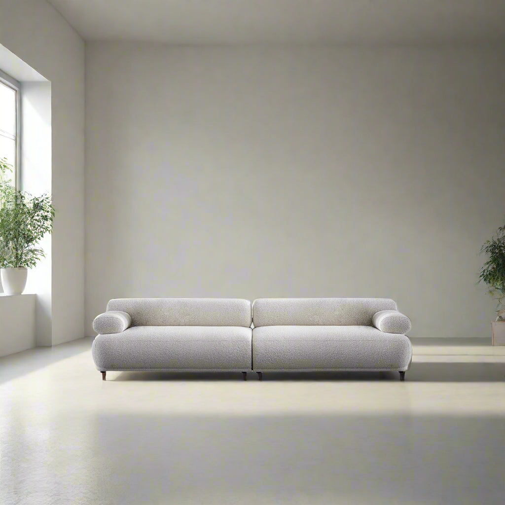 Cream boucle fabric 4 seater sofa mochi color swatches.