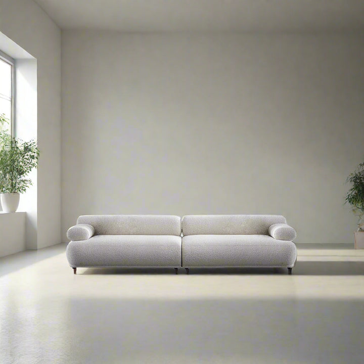 Cream boucle fabric 4 seater sofa mochi color swatches.