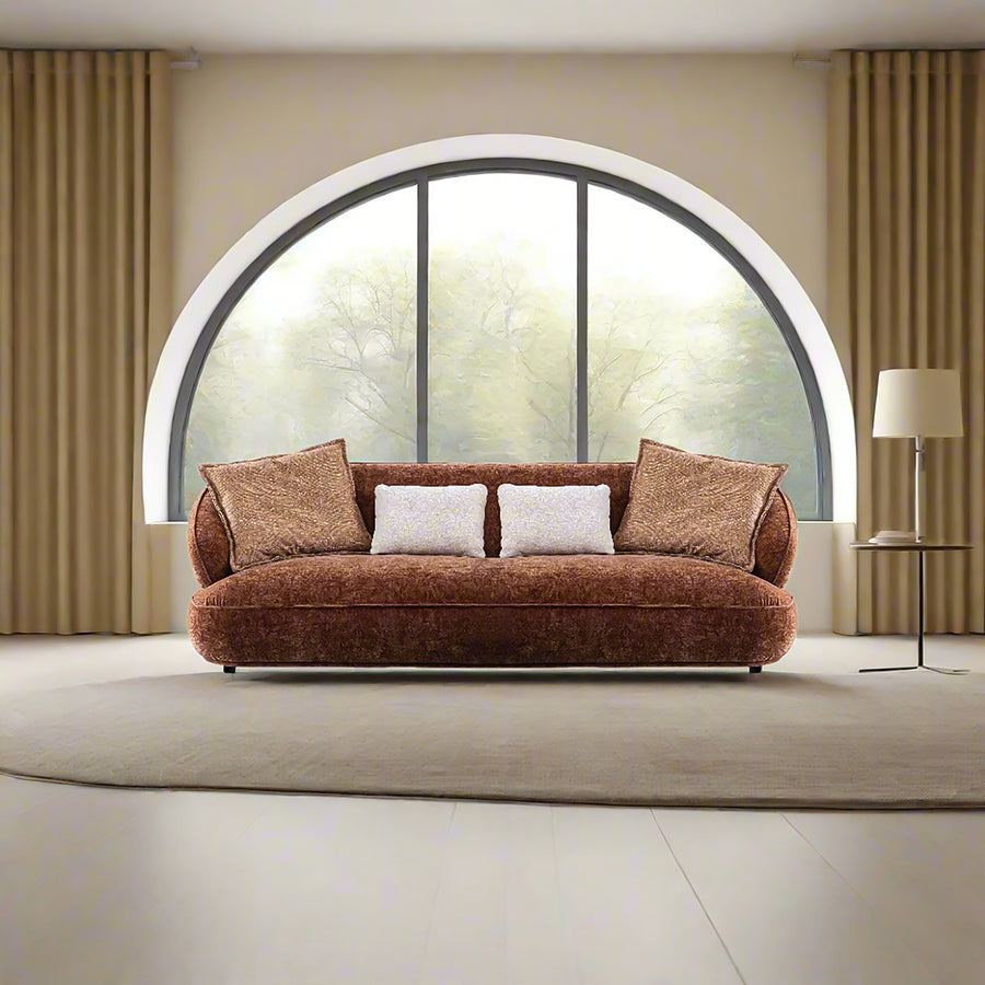 Cream velvet fabric 3 seater sofa cocoa primary product view.