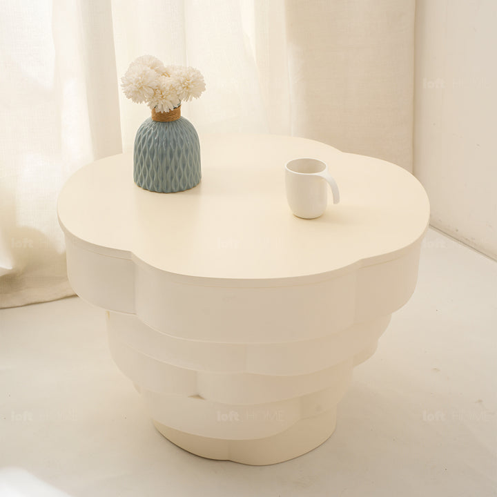 Cream wood side table parfait conceptual design.