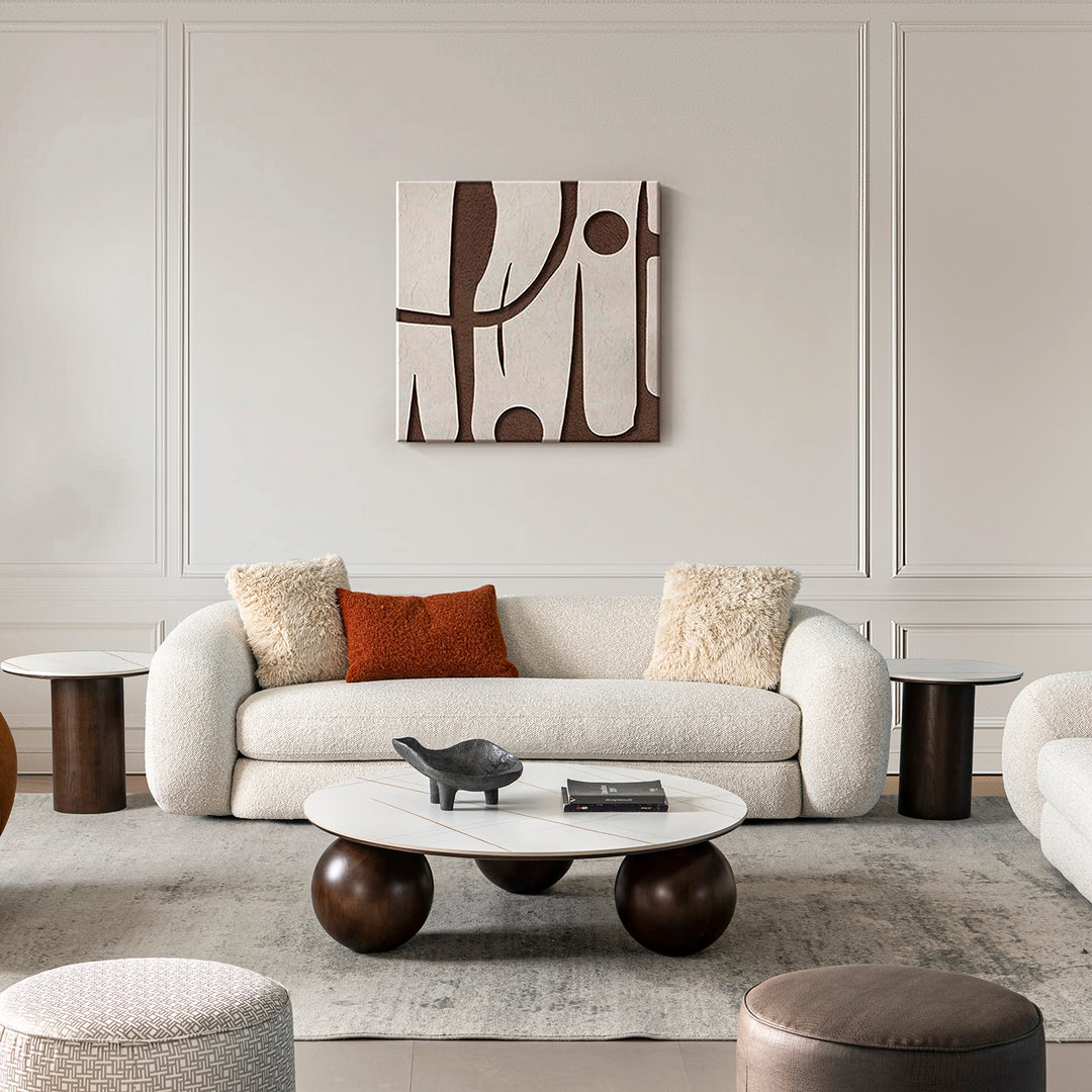 Cream boucle fabric 3 seater sofa curly primary product view.