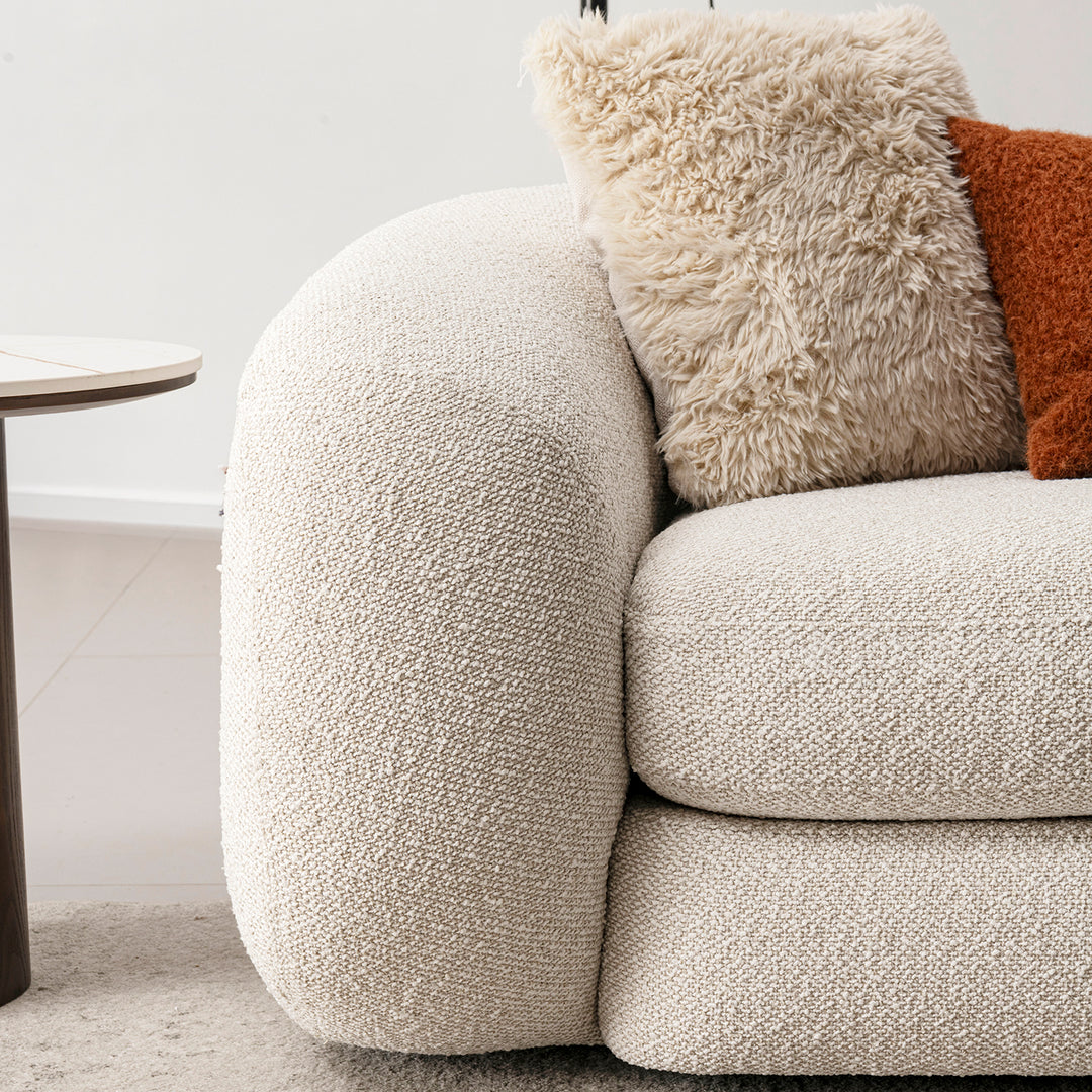 Cream boucle fabric 3 seater sofa curly material variants.