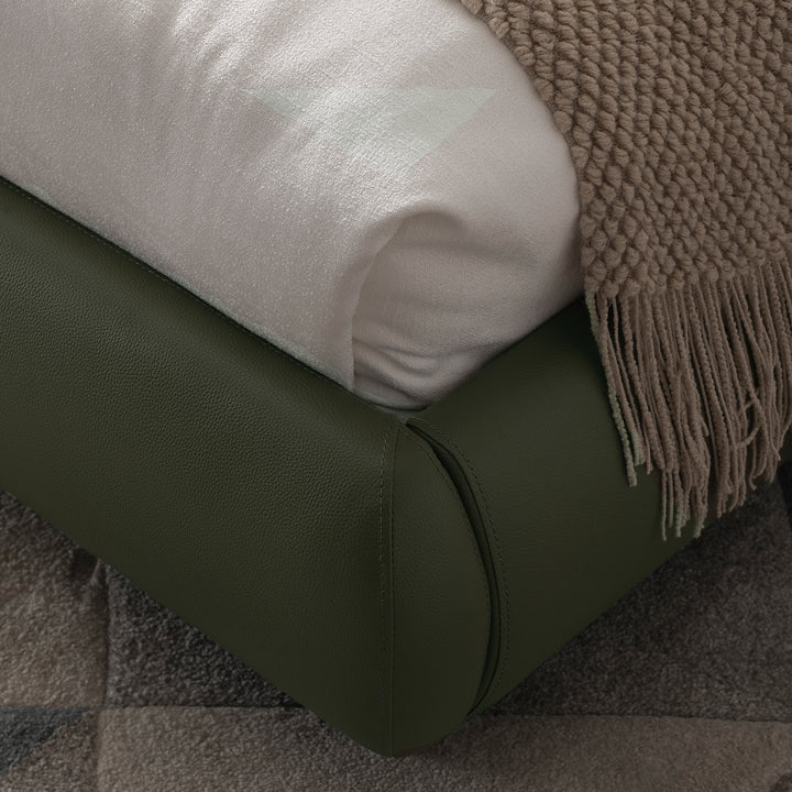 Cream genuine leather bed frame moyu in close up details.