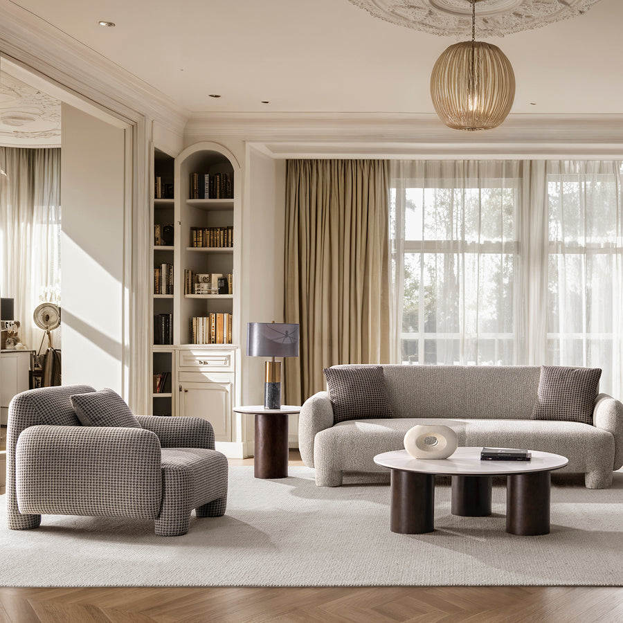 Cream mixed weave fabric 1 seater sofa syra primary product view.
