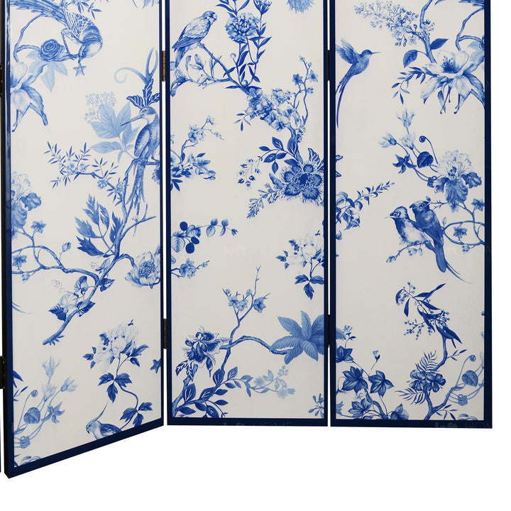 Eclectic wood divider delft blue in panoramic view.