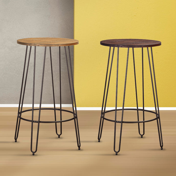 Industrial elm wood bar stool angela in close up details.