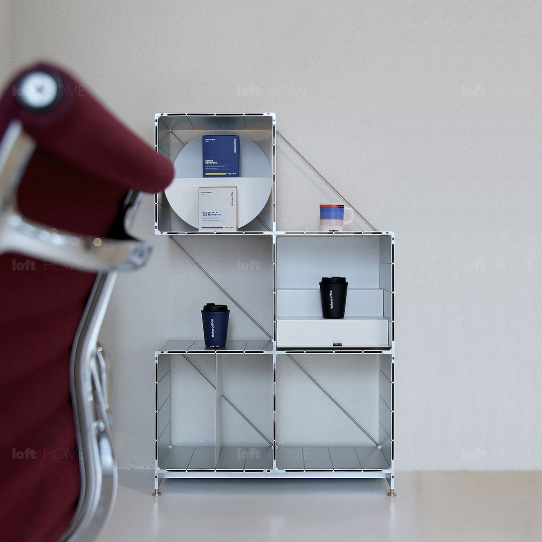 Industrial aluminium shelf cube in still life.