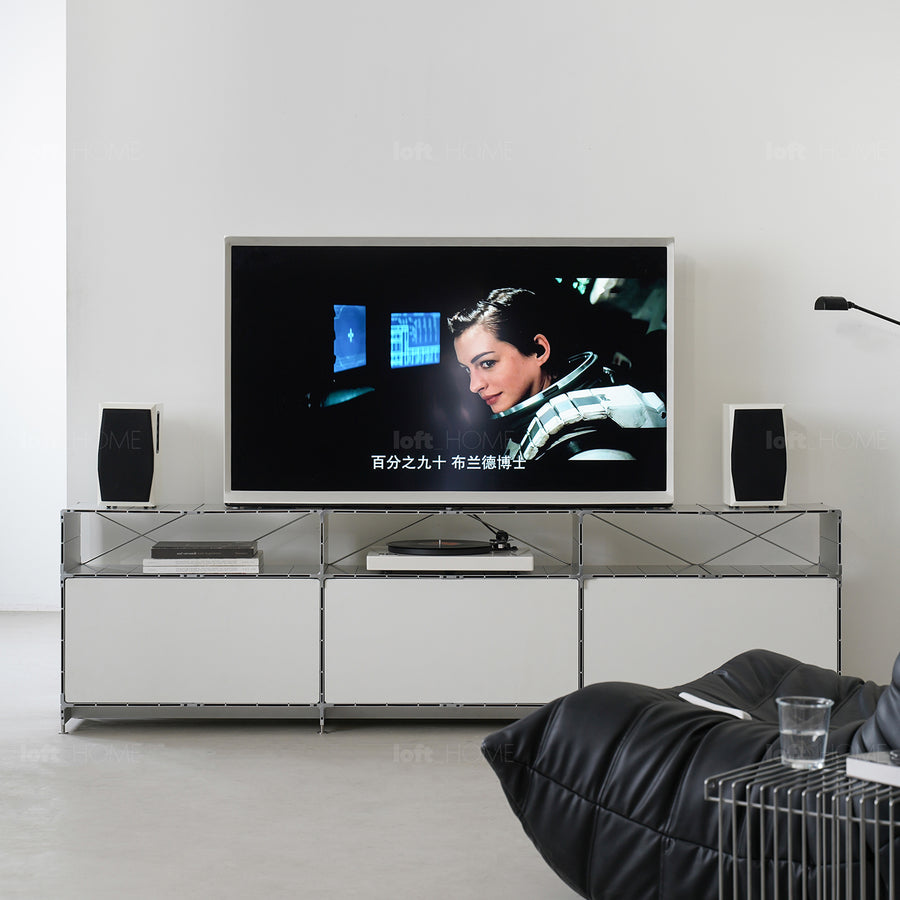 Industrial aluminium tv console cube with context.