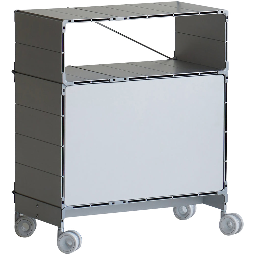 Industrial aluminium wheeled trolley side table cube primary product view.