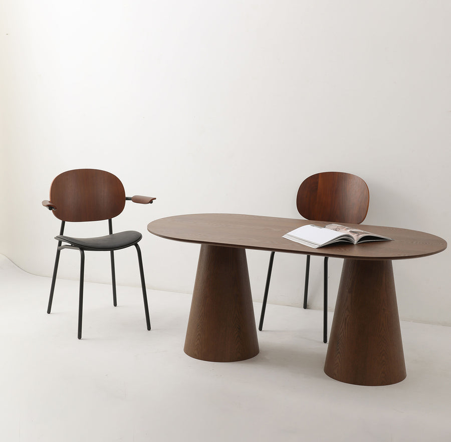 Japandi ash wood veneer oval dining table amalfy in white background.